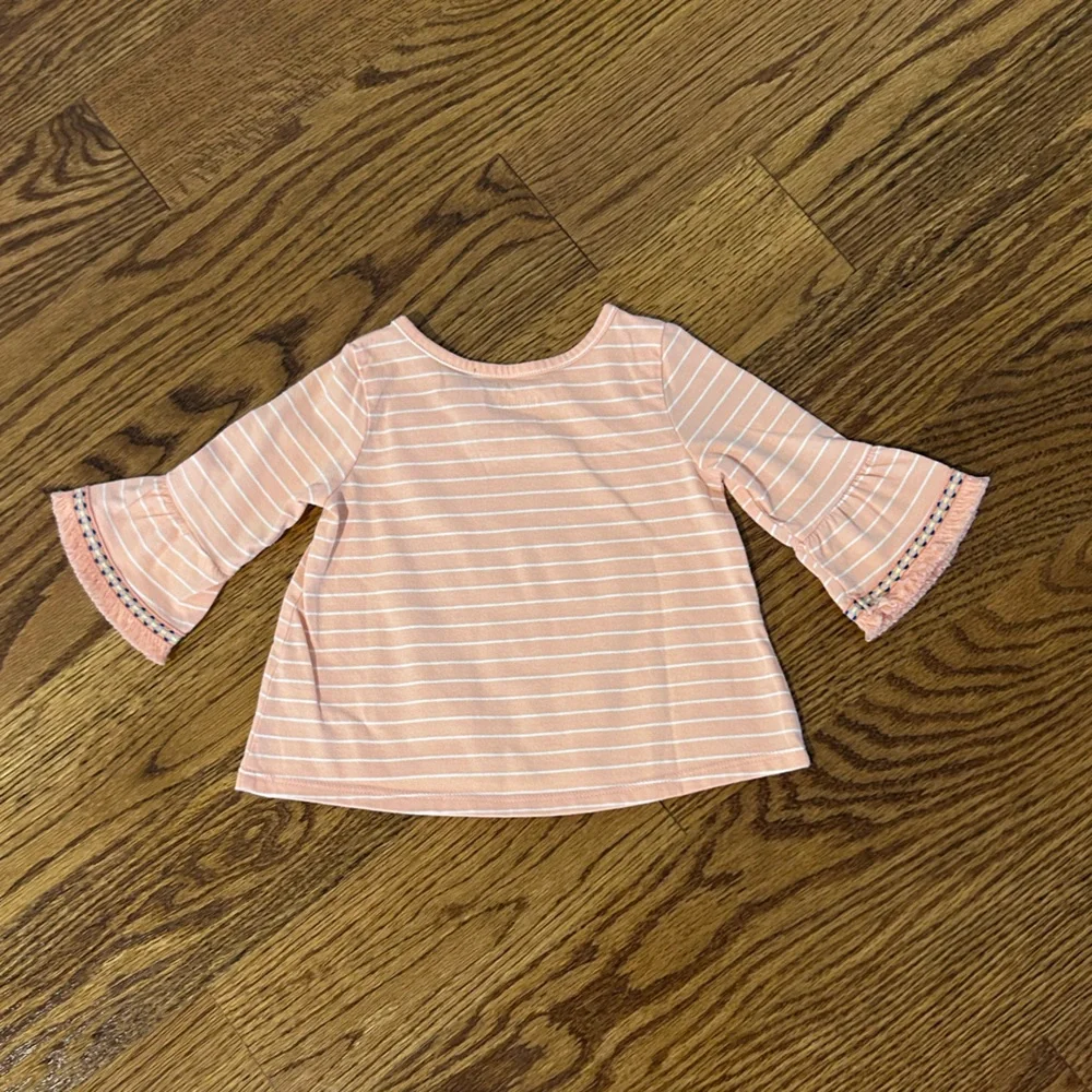 Okie Dokie | Coral and White Striped 3/4 Sleeve Shirt With Fringe Accents